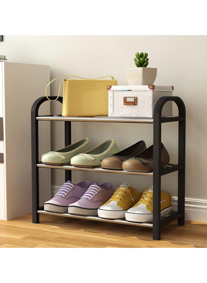 رف أحذية أسود بثلاث طبقات، 6 أزواج من الأحذية، منظم متعدد الوظائف وخفيف الوزن، حامل معدني قوي قابل للتكديس، مناسب للخزانة وغرفة المعيشة وغرفة النوم والحمام، 42×19×43 سم - Image 3