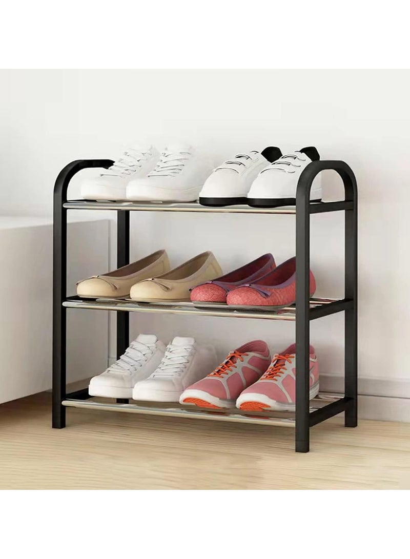 رف أحذية أسود بثلاث طبقات، 6 أزواج من الأحذية، منظم متعدد الوظائف وخفيف الوزن، حامل معدني قوي قابل للتكديس، مناسب للخزانة وغرفة المعيشة وغرفة النوم والحمام، 42×19×43 سم - Image 2
