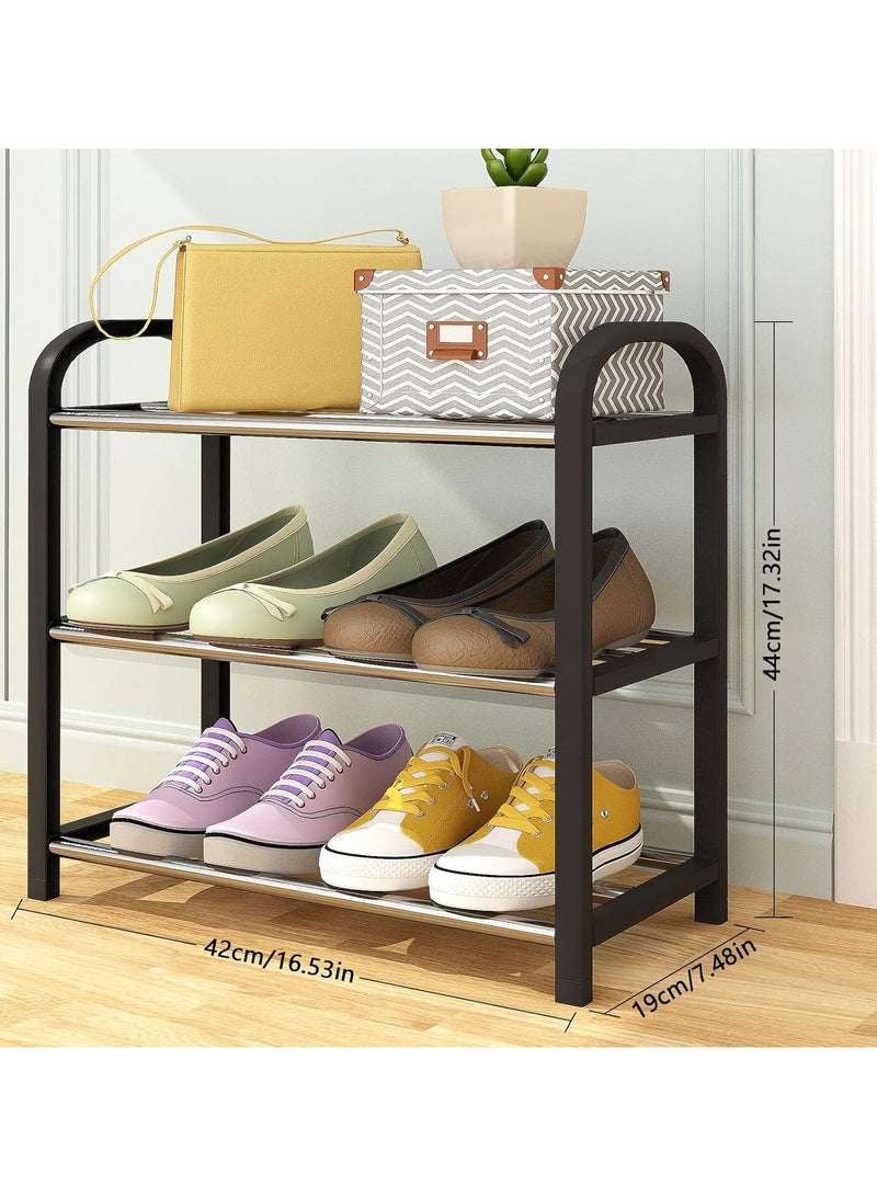 رف أحذية أسود بثلاث طبقات، 6 أزواج من الأحذية، منظم متعدد الوظائف وخفيف الوزن، حامل معدني قوي قابل للتكديس، مناسب للخزانة وغرفة المعيشة وغرفة النوم والحمام، 42×19×43 سم - Image 5