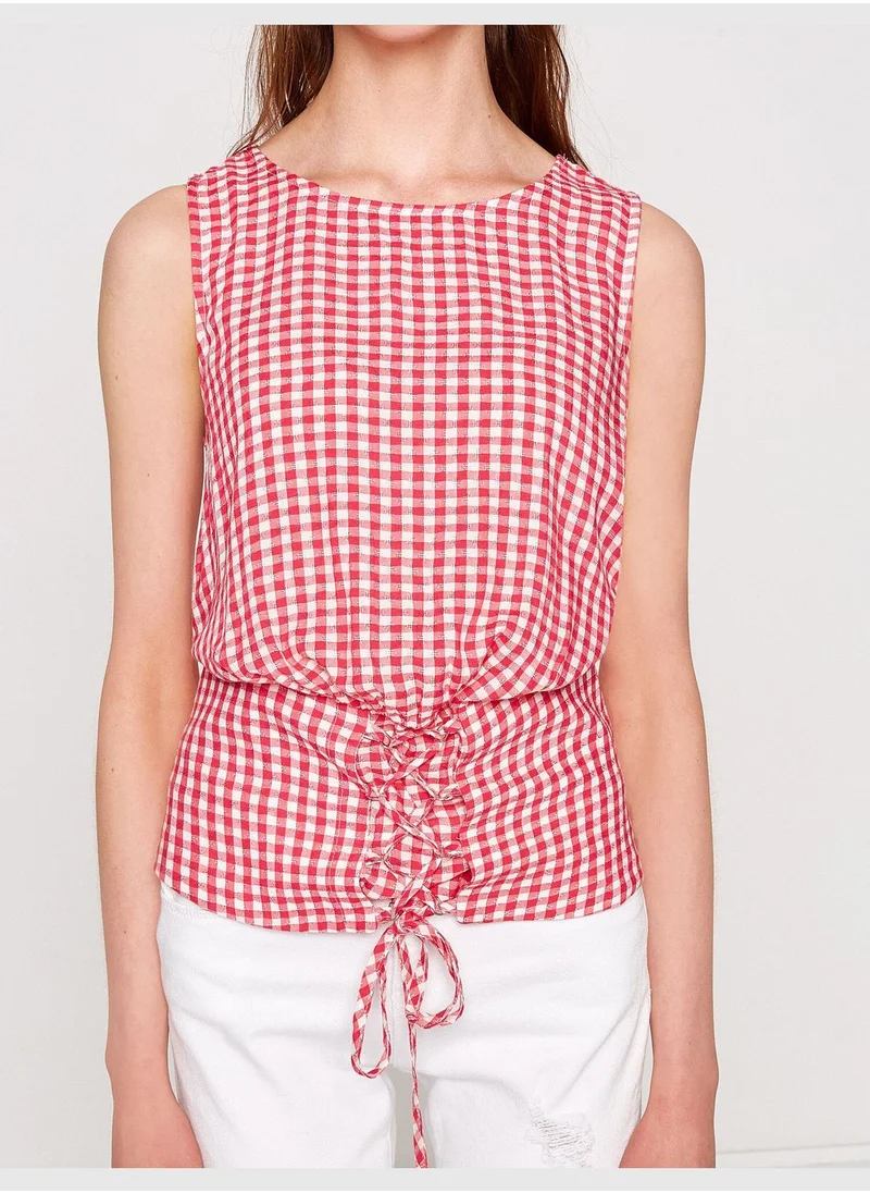 كوتون Sleeveless Check Blouse