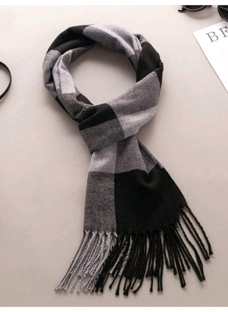 Shein 1pc Unisex Black, White, Gray Square Plaid Pattern Faux Cashmere Neck ScarF - Image 1