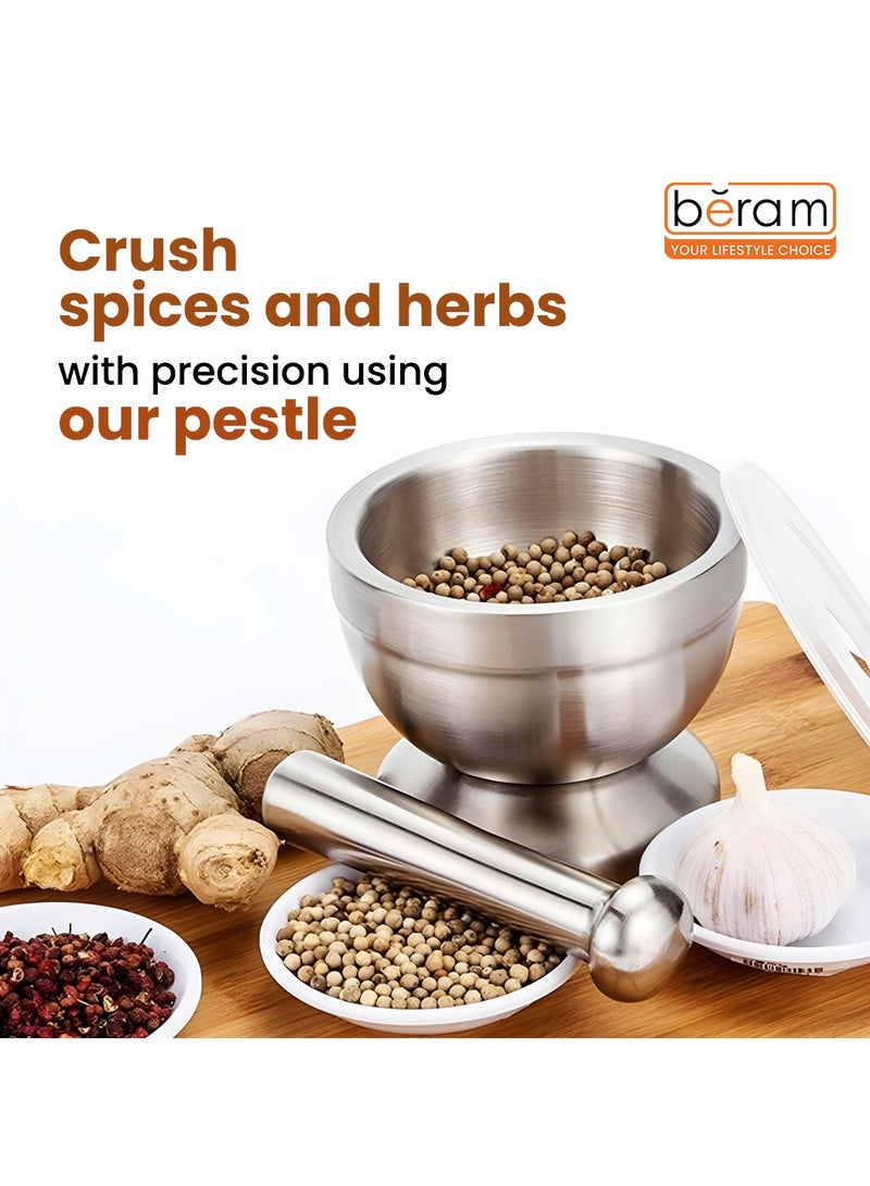 BERAM Pestle and Mortar Set Manual Grinder with Lid Premium Stainless Steel Mixing Bowl for Garlic Spices Herbs Durable Sturdy Long Lasting and Easy Cleaning - Image 2