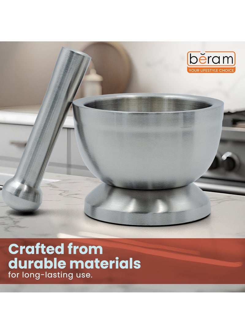 BERAM Pestle and Mortar Set Manual Grinder with Lid Premium Stainless Steel Mixing Bowl for Garlic Spices Herbs Durable Sturdy Long Lasting and Easy Cleaning - Image 4