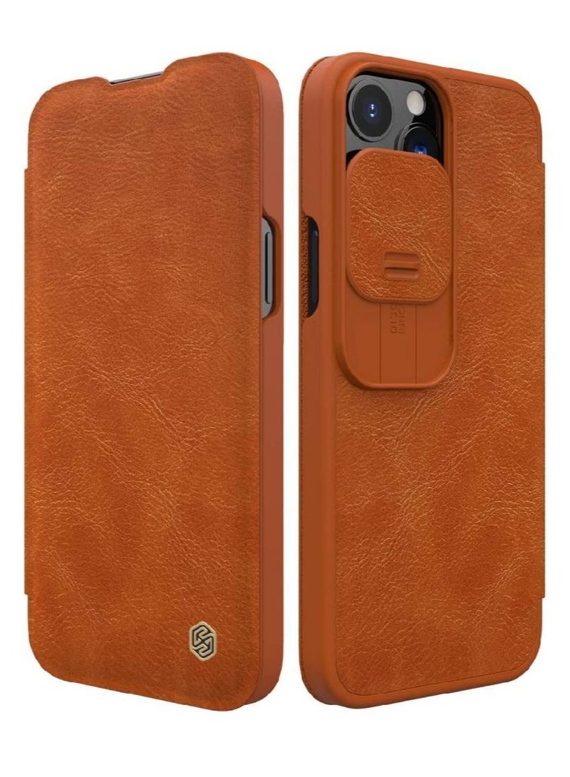 Nillkin Qin Pro Flip Leather Wallet With Card Holder And Slide Camera Protection Case Cover For iPhone 14 Pro Max Brown - Image 1