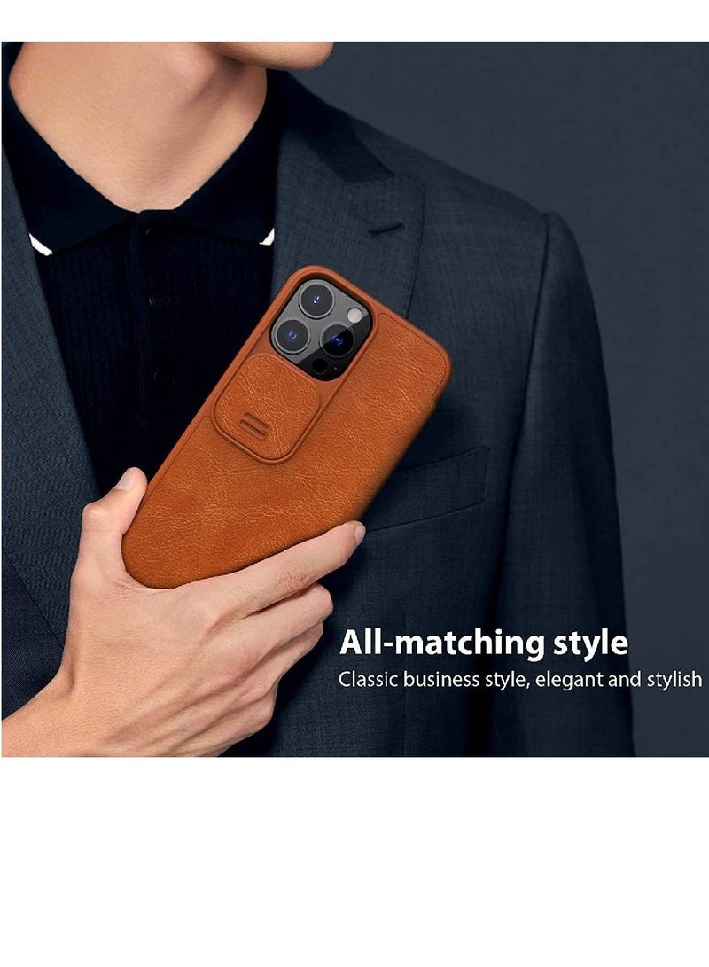 Nillkin Qin Pro Flip Leather Wallet With Card Holder And Slide Camera Protection Case Cover For iPhone 14 Pro Max Brown - Image 5