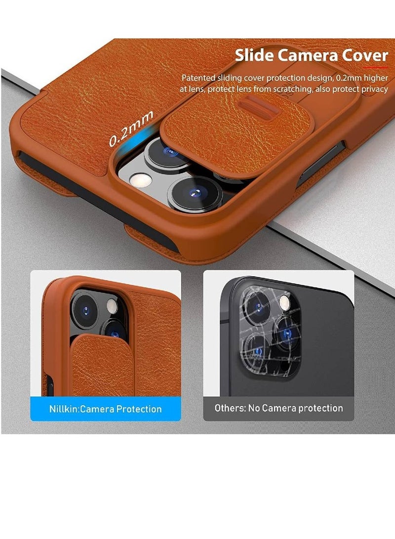 Nillkin Qin Pro Flip Leather Wallet With Card Holder And Slide Camera Protection Case Cover For iPhone 14 Pro Max Brown - Image 2