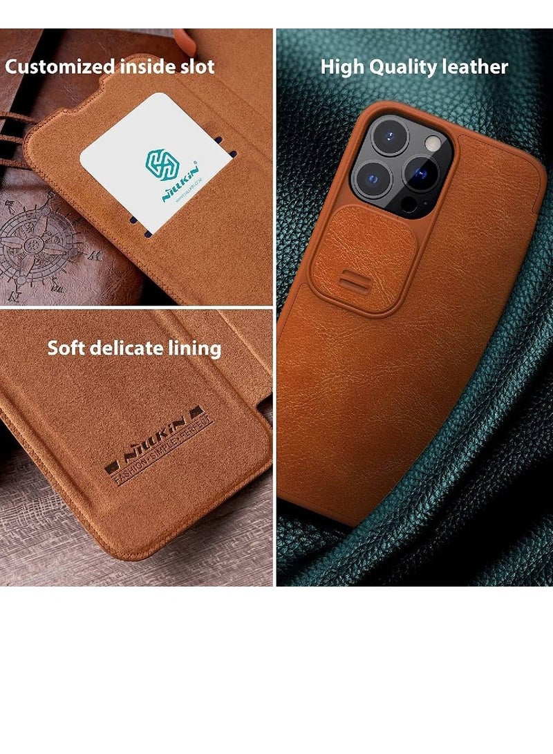 Nillkin Qin Pro Flip Leather Wallet With Card Holder And Slide Camera Protection Case Cover For iPhone 14 Pro Max Brown - Image 3