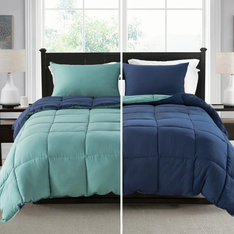 KASENTEX Reversible NoShrink TwinTwin XL Comforter Set with 1 Sham Down Alternative Duvet Insert with Corner Ties Lightweight Ultra Soft Machine Washable AllSeason Turquoise Green and Blue