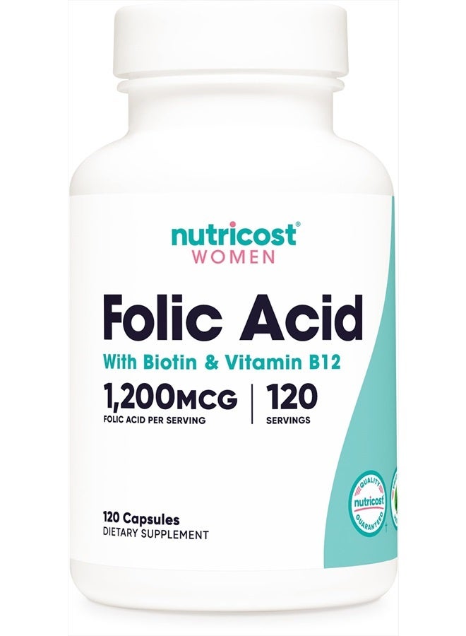 Nutricost Folic Acid for Women (Vitamin B9) 1200 mcg, 120 Capsules, with B12 and Biotin, Veggie Caps, Non-GMO & Gluten Free - Image 1