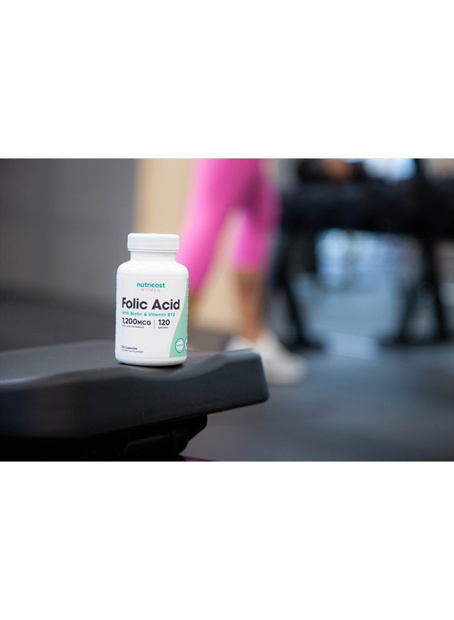 Nutricost Folic Acid for Women (Vitamin B9) 1200 mcg, 120 Capsules, with B12 and Biotin, Veggie Caps, Non-GMO & Gluten Free - Image 3