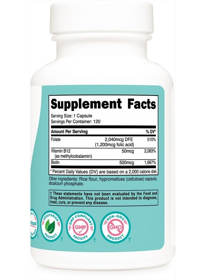 Nutricost Folic Acid for Women (Vitamin B9) 1200 mcg, 120 Capsules, with B12 and Biotin, Veggie Caps, Non-GMO & Gluten Free - Image 5