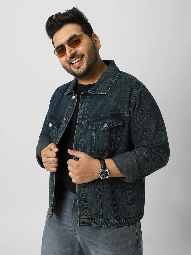 Urbano Plus Men's Dark Blue Regular Fit Washed Full Sleeve Denim Jacket