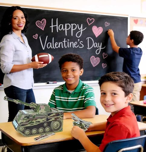 HEIPINIUYE Valentines Cards for Kids 3D Camo Tank Valentines Day Box for Kids Classroom School Gift Exchange Camouflage Army Party Supplies Valentine Mailbox with 35 Military Valentine Cards - Image 2