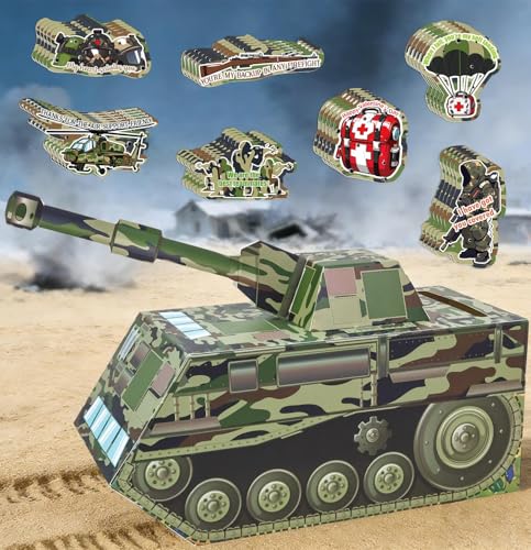 HEIPINIUYE Valentines Cards for Kids 3D Camo Tank Valentines Day Box for Kids Classroom School Gift Exchange Camouflage Army Party Supplies Valentine Mailbox with 35 Military Valentine Cards - Image 1