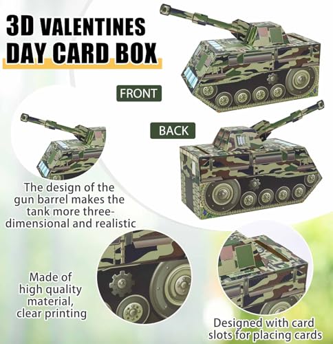 HEIPINIUYE Valentines Cards for Kids 3D Camo Tank Valentines Day Box for Kids Classroom School Gift Exchange Camouflage Army Party Supplies Valentine Mailbox with 35 Military Valentine Cards - Image 4