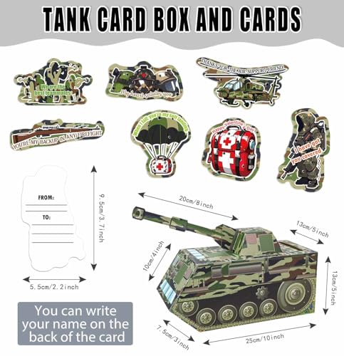 HEIPINIUYE Valentines Cards for Kids 3D Camo Tank Valentines Day Box for Kids Classroom School Gift Exchange Camouflage Army Party Supplies Valentine Mailbox with 35 Military Valentine Cards - Image 3