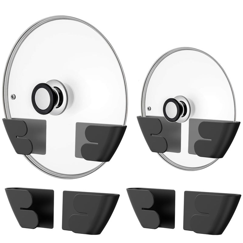 Niceyos Universal Adjustable Pot Lid Organizer for Cabinet Upgraded Patented Set of 4 Pan Lids Organizers Inside Cabinet Door Wall Mount Pots Top Holder for Kitchen Cupboard Fits 6 to 14 Black