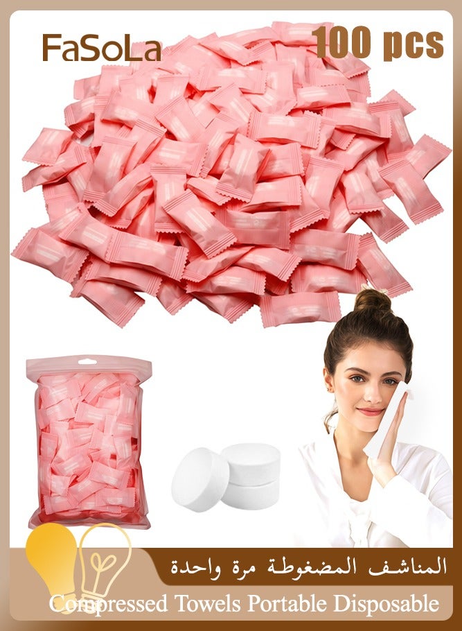 Fasola 100 Pcs Disposable Compressed Towels, Portable Compressed Travel Towel, Cotton Disposable Towels, Absorbent Hand Tuc Pills for Outdoor Camping Travel - Image 1