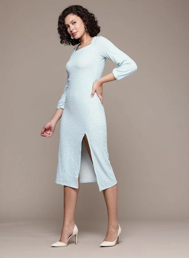 Freehand  Women Fit and Flared Textured Square Neck Long Sleeve Midi Dress for Women | Best Price UAE
