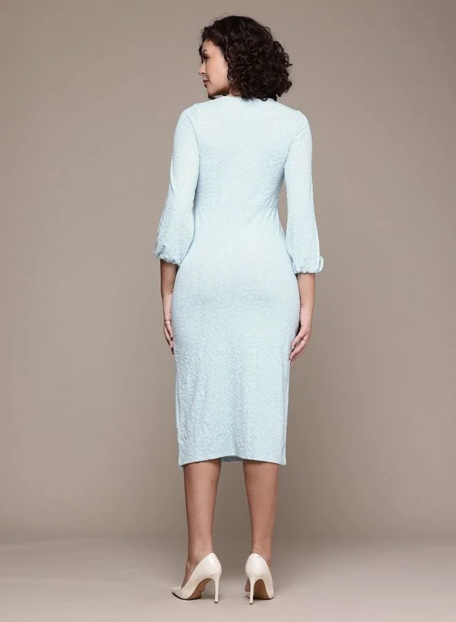 Freehand  Women Fit and Flared Textured Square Neck Long Sleeve Midi Dress for Women | Best Price UAE