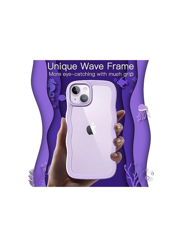 JETech Cute Case for iPhone 14 6.1-Inch, Wave Frame Curly Shape Shockproof Phone Cover for Women and Girls, Clear Hard PC Back (Purple) - Image 2