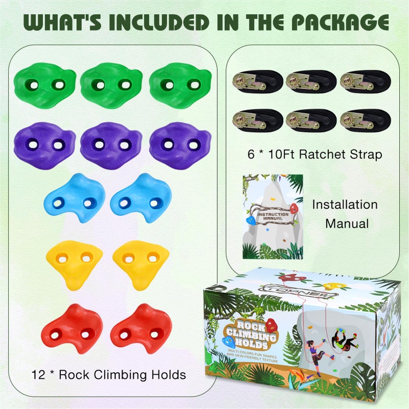 TOPNEW 12 Ninja Tree Climbing Holds for Kids Climber, Adult Climbing Rocks with 6 Ratchet Straps for Outdoor Ninja Warrior Obstacle Course Training - Image 2