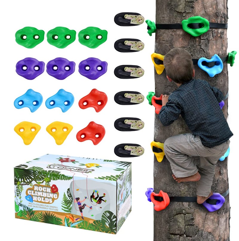 TOPNEW 12 Ninja Tree Climbing Holds for Kids Climber, Adult Climbing Rocks with 6 Ratchet Straps for Outdoor Ninja Warrior Obstacle Course Training - Image 1