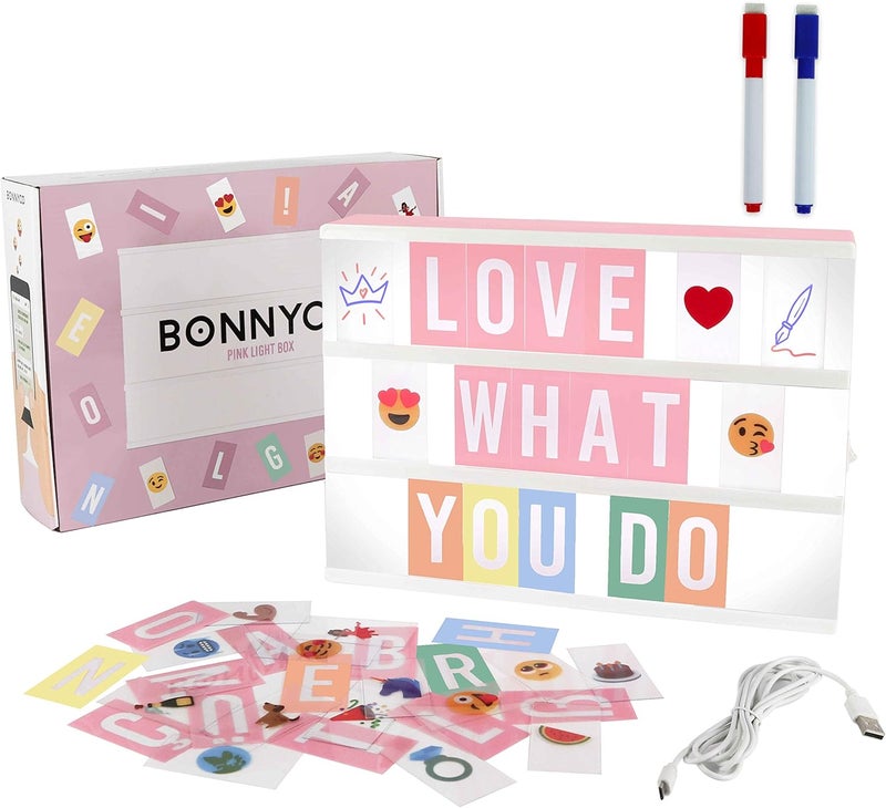 BONNYCO Pink Cinema Light Box with 400 Letters, Emojis, 2 Markers. Led Light Box Home Office and Room Decor, Cinema Led Sign Letters Board. Gifts for Women Girls Christmas Birthdays, Pink Decor - Image 1