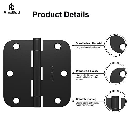 AmzGod Door Hinges Matte Black - 42 Pack Black Door Hinges 3.5 Inch Rounded Interior Door Hinge with 5/8" Radius Corners - Black Hinges for Doors 3 1/2 Inches Flat Iron Residential Door Hardware - Image 4