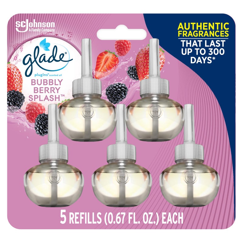 Glade PlugIns Refills Air Freshener, Scented and Essential Oils for Home and Bathroom, Bubbly Berry Splash, 3.35 Fl Oz, 5 Count - Image 1