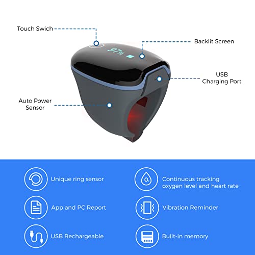 Wellue مقياس نبض الأكسجين Wellue O2Ring، مراقب تشبع الأكسجين في الدم Bluetooth SPO2 - جهاز استشعار O2 قابل للارتداء مع تذكير بالاهتزاز، تطبيق مجاني وتقارير على الكمبيوتر، قابل لإعادة الشحن - Image 3