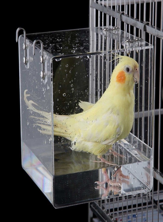 Xxmbbjy Hanging Cube Bird Bath Cage, Transparent Bird Bathtub Bath Shower with Stainless Steel Hooks for Small Bird Canary Parakeet Budgerigar Parrots Crested Myna Cockatiel Lovebird (Large) - Image 1