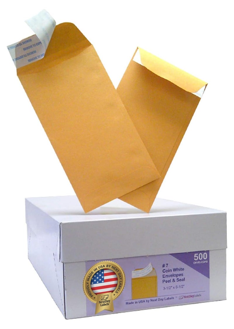 NextDay Labels 7 Coin Envelopes 500Pack Brown Kraft Peel Seal Money Envelopes for Cash Coins Jewelry or Small Parts for Home Office or Business Use Made in USA