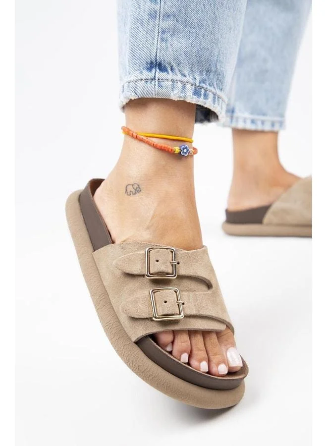 Lirio Women's Genuine Leather Single Band Double Buckle Vizon Slippers.