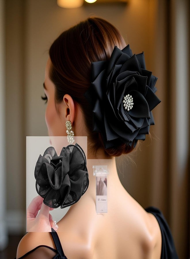 Cauaoa Black Large Chiffon Claw Clip Hair Bow Large Size Black Fabric Ribbon Flower Rose For Women Clamps Accessories Clips Jaw Claw,Clips and Barrettes,Hair Accessories - Image 2