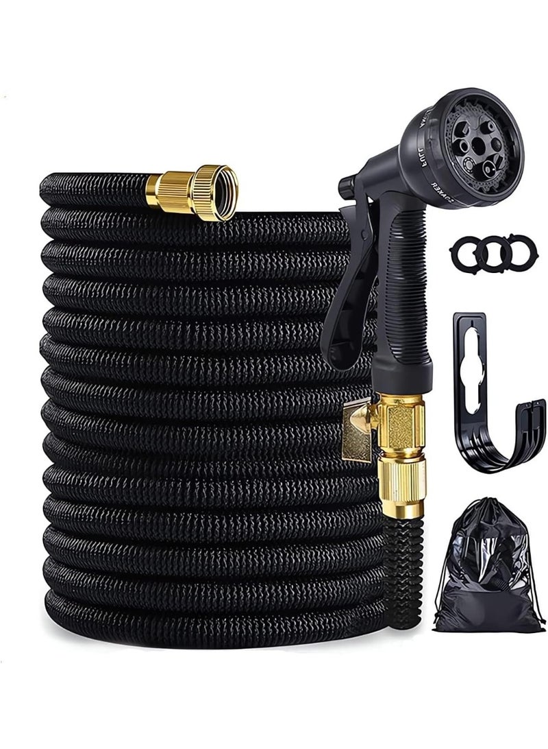 ألونغد خرطوم حديقة، خرطوم مياه بطول 100 قدم - فوهة رش خرطوم 8 وظائف، أنبوب مياه مع وصلات نحاسية صلبة مقاس 3/4 بوصة، خراطيم حدائق سوداء - Image 1