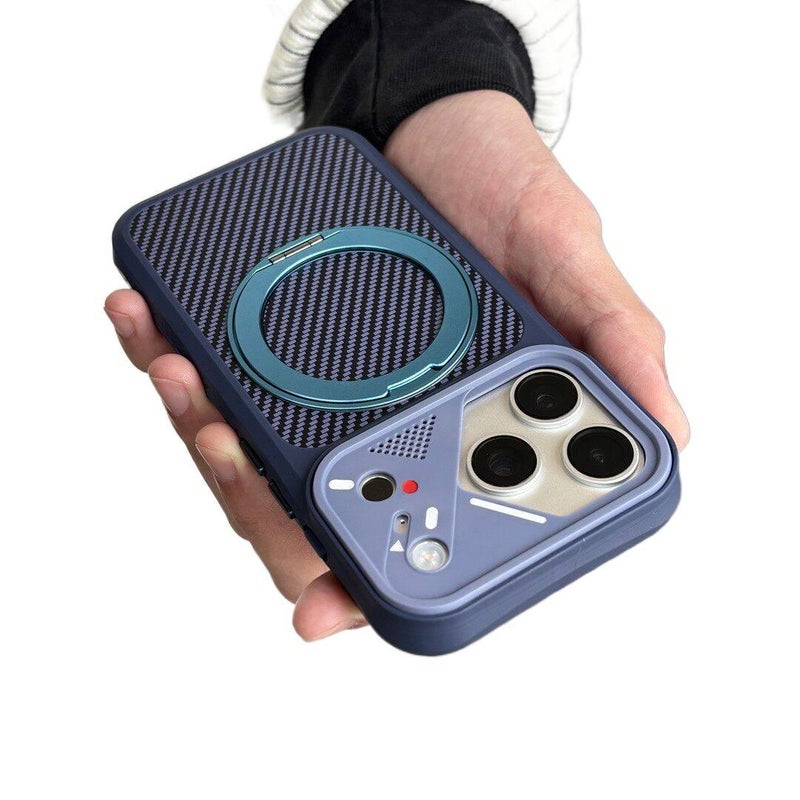 PC MagSafe Case for iPhone 15 / 15 Plus / 15 Pro / 15 Pro Max with Carbon Fiber Texture and 360° Rotating Magnetic plus Kickstand plus Skin Feel in Blue - Veloris - Image 1