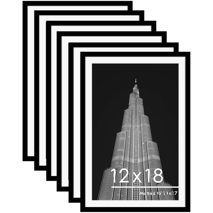 12X18 PICTURE FRAME SET OF 6 DISPLAY PICTURES 11X17 WITH MAT OR 12X18 WITHOUT MAT FOR WALL MOUNTING DISPLAY POSTER FRAMES COLLAGE FOR WALL DECOR BLACK