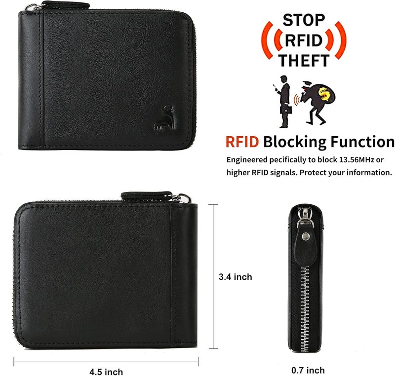 CALFART محافظ رجالية نحيفة بسحاب مع حماية RFID من الجلد، محفظة رجالية ثنائية الطي مع حامل بطاقات ائتمان ومحفظة بسحاب مع جيب للعملات - Image 2