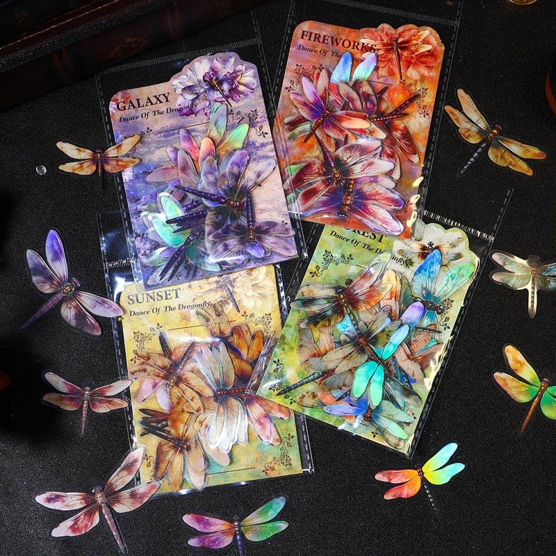 Yoksas 80Pcs Holographic Vintage Dragonfly Stickers - Waterproof Transparent Insect Scrapbook Craft Decorative Stickers for Junk Bullet Journals,Planners,Album - Image 1