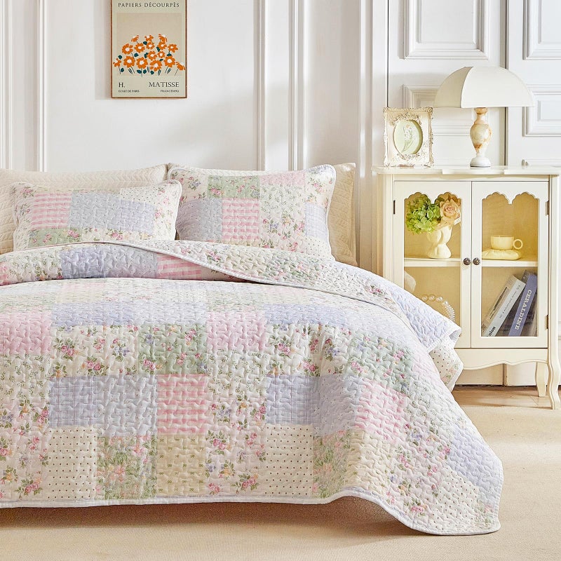 Joyreap 2 Pieces Twin Size Floral Cotton Quilt Set for Girls, Colorful Flowers Grids Patchwork Design, Cozy Lightweight Cotton Quilt Bedspread Bed Cover for All Season- 68x88 inches - Image 3
