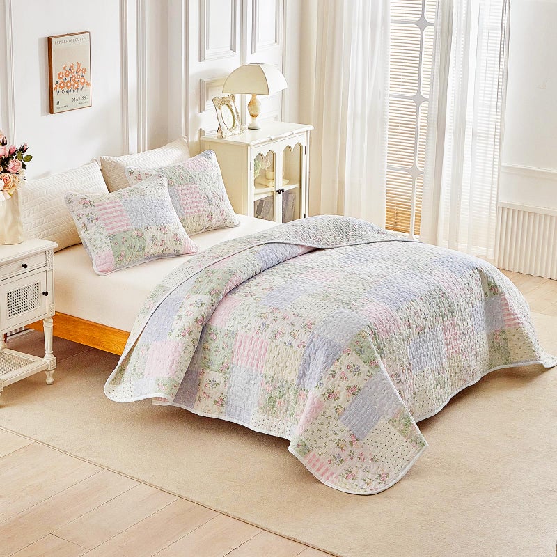 Joyreap 2 Pieces Twin Size Floral Cotton Quilt Set for Girls, Colorful Flowers Grids Patchwork Design, Cozy Lightweight Cotton Quilt Bedspread Bed Cover for All Season- 68x88 inches - Image 2