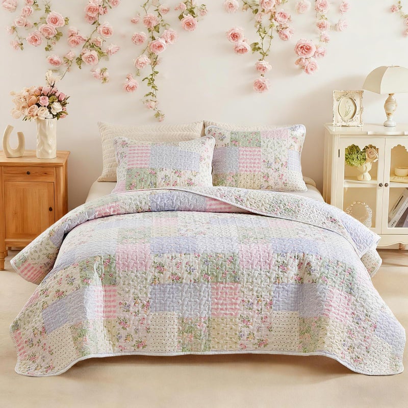 Joyreap 2 Pieces Twin Size Floral Cotton Quilt Set for Girls, Colorful Flowers Grids Patchwork Design, Cozy Lightweight Cotton Quilt Bedspread Bed Cover for All Season- 68x88 inches - Image 1