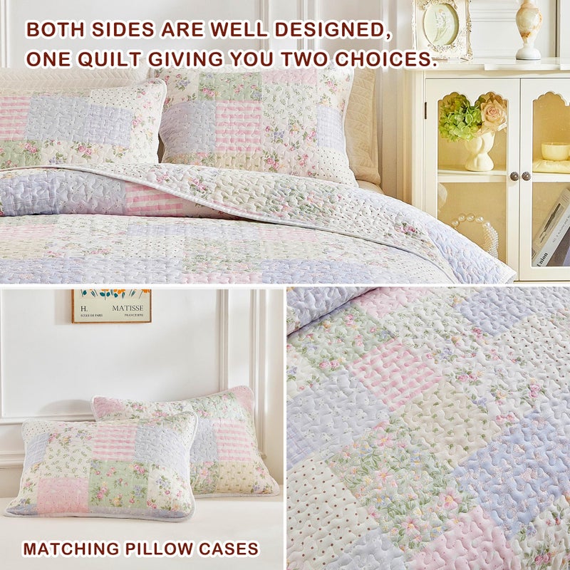 Joyreap 2 Pieces Twin Size Floral Cotton Quilt Set for Girls, Colorful Flowers Grids Patchwork Design, Cozy Lightweight Cotton Quilt Bedspread Bed Cover for All Season- 68x88 inches - Image 5