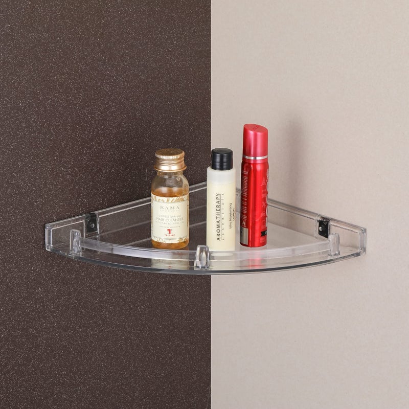 iSTAR Clear Transparent Plastic Soap Dish Tooth Brush Holder Home Acrylic Bathroom Faucets Accessories Corner Acrylic Wall Shelf 10 x 10 inch (Number of Shelves - 1, Clear) - Image 1