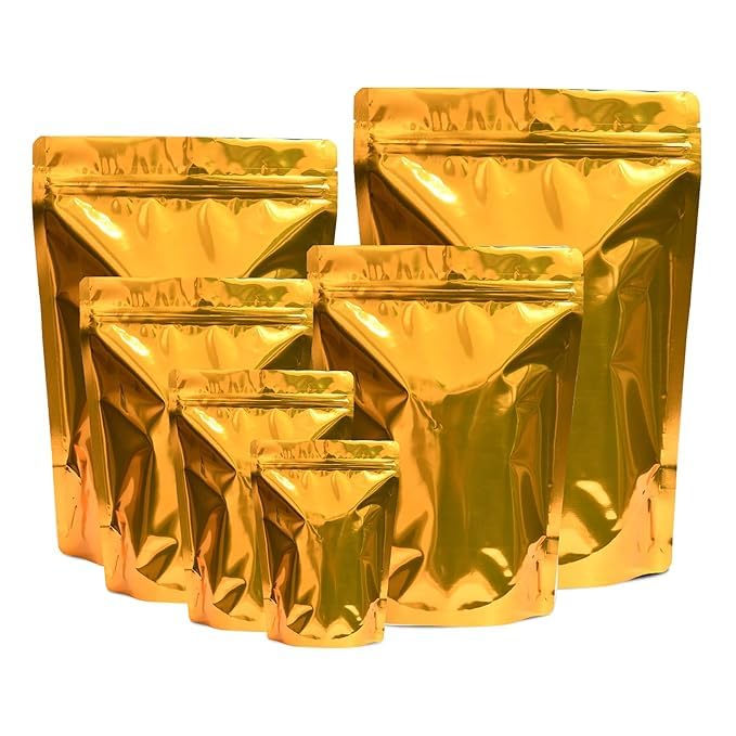 VELEXE Reusable Zip Lock Stand Up Pouches | Size: 100mm*150mm | Capacity: 50 Grams | Pack of 100 | Gold & Transparent | Waterproof, Leakproof, Airtight Multi-Purpose Storage with Top Notch - Image 4