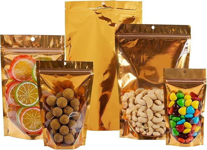 VELEXE Reusable Zip Lock Stand Up Pouches | Size: 100mm*150mm | Capacity: 50 Grams | Pack of 100 | Gold & Transparent | Waterproof, Leakproof, Airtight Multi-Purpose Storage with Top Notch - Image 1