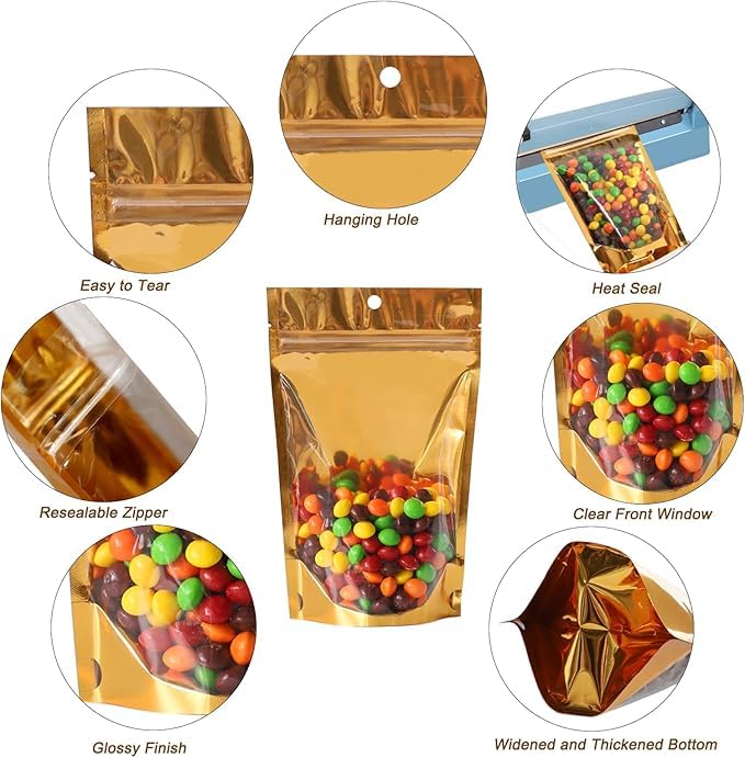 VELEXE Reusable Zip Lock Stand Up Pouches | Size: 100mm*150mm | Capacity: 50 Grams | Pack of 100 | Gold & Transparent | Waterproof, Leakproof, Airtight Multi-Purpose Storage with Top Notch - Image 3