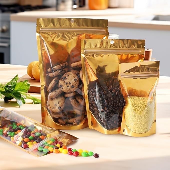 VELEXE Reusable Zip Lock Stand Up Pouches | Size: 100mm*150mm | Capacity: 50 Grams | Pack of 100 | Gold & Transparent | Waterproof, Leakproof, Airtight Multi-Purpose Storage with Top Notch - Image 2