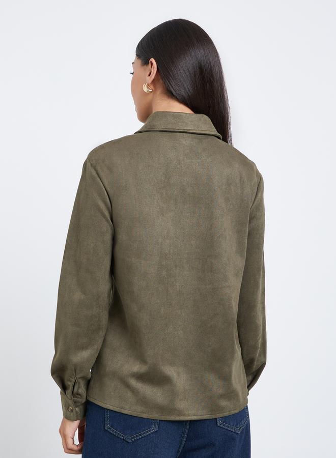 ستايلي قميص زيتي بتصميم شامواه ورباط أمامي - Image 4